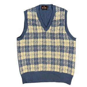 Vintage Bill Blass Mens Knit Sweater Vest Large Houndstooth Blue Wool Sleeveless